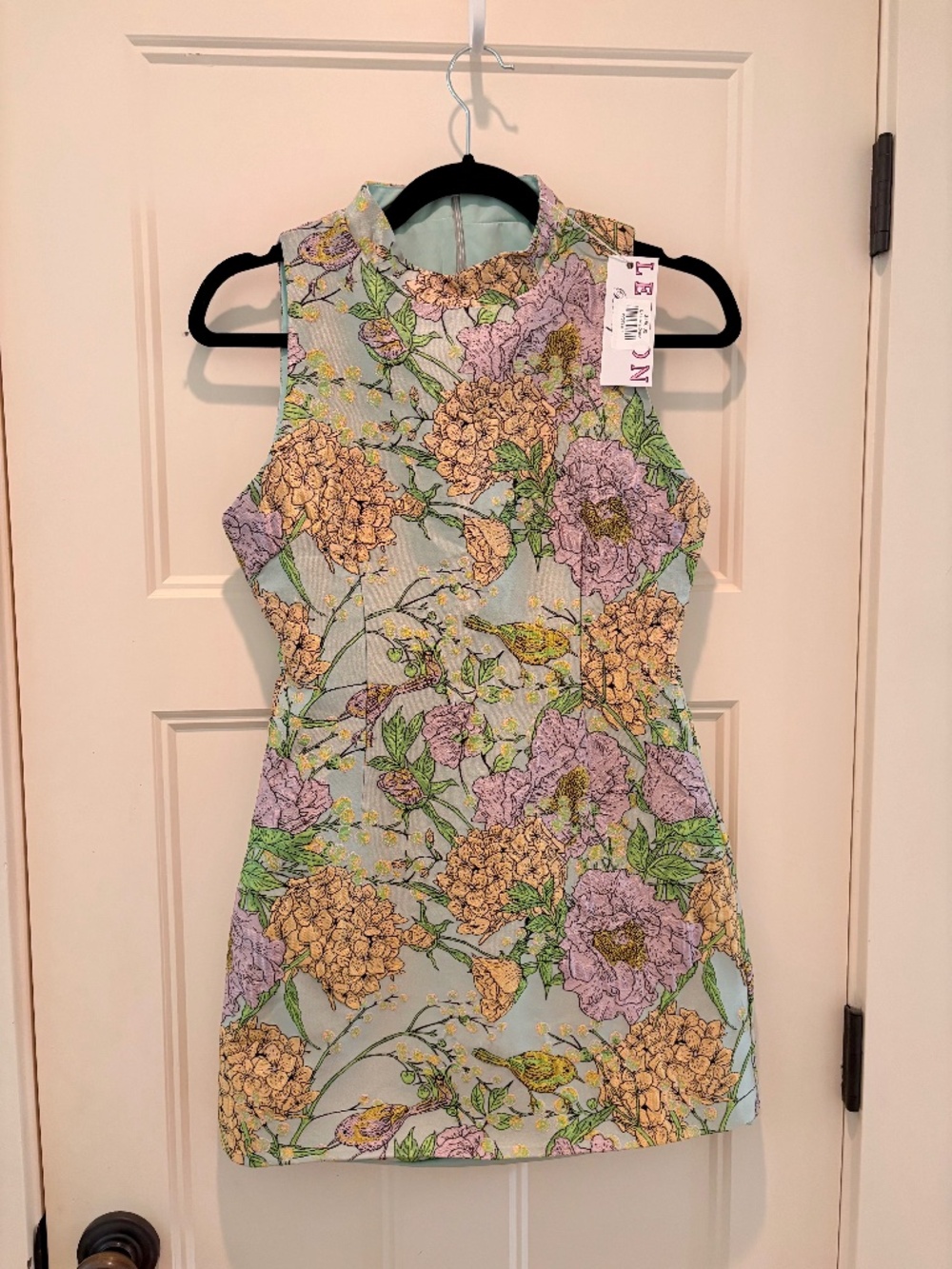 Jacquard Embroidered green floral Mini Dress - Picture 3 of 4